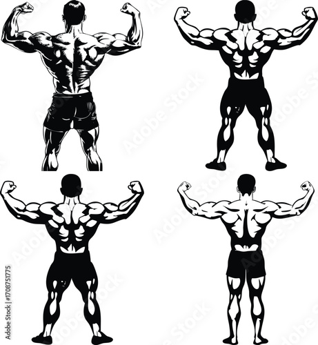 Illustration of a muscular arm flexing in a black and white style graphic art. Vector illustration