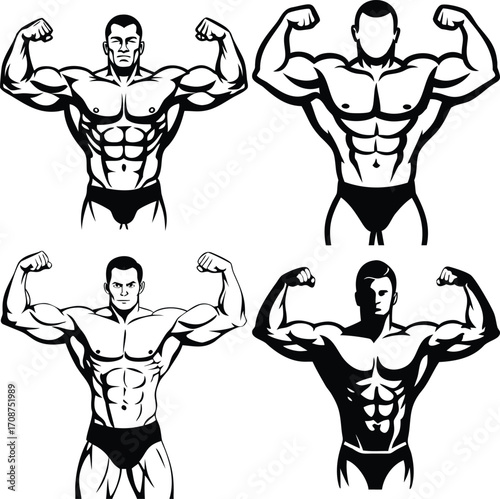 Illustration of a muscular arm flexing in a black and white style graphic art. Vector illustration