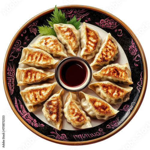 Deliciously Crispy Pan-Fried Dumplings Served with Soy Sauce in a Decorative Plate on transparent background