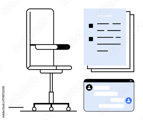 Office chair alongside documents and a browser chat window. Ideal for remote work, workflow, collaboration, productivity, communication, teamwork, online meetings, and a simple landing page