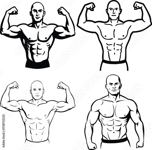 Illustration of a muscular arm flexing in a black and white style graphic art. Vector illustration