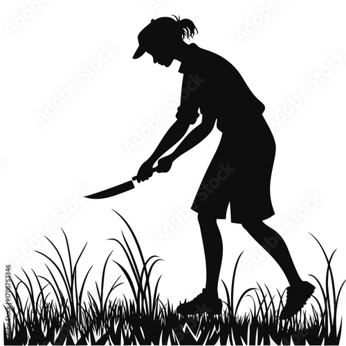 Woman cutting grass with knife