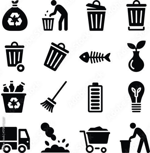 Collection of sixteen black and white recycling and waste management related vector style icons set on white silhouette