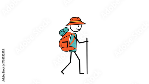 A stick figure hiker with a backpack and trekking poles.