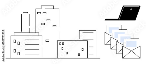 Modern city buildings paired with a laptop and stack of envelopes representing mail. Ideal for communication, business, corporate networks, technology, remote work, email campaigns, simple flat