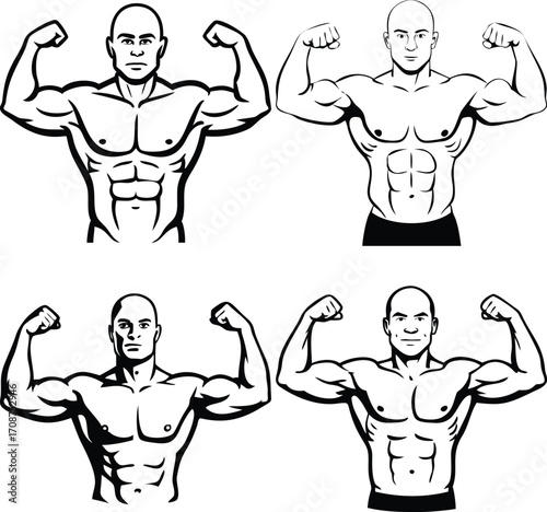 Illustration of a muscular arm flexing in a black and white style graphic art. Vector illustration