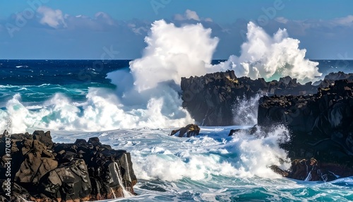 Powerful ocean waves crashing on volcanic rocks