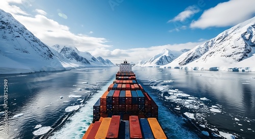 Cargo ship navigates icy waters past snow covered mountains container transport