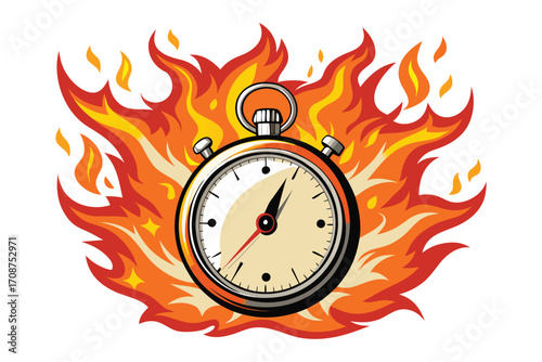 Stopwatch engulfed in vibrant orange and yellow flames on a white background Keywords: stopwatch, time, clock, timer, fire