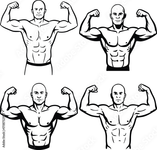 Illustration of a muscular arm flexing in a black and white style graphic art. Vector illustration