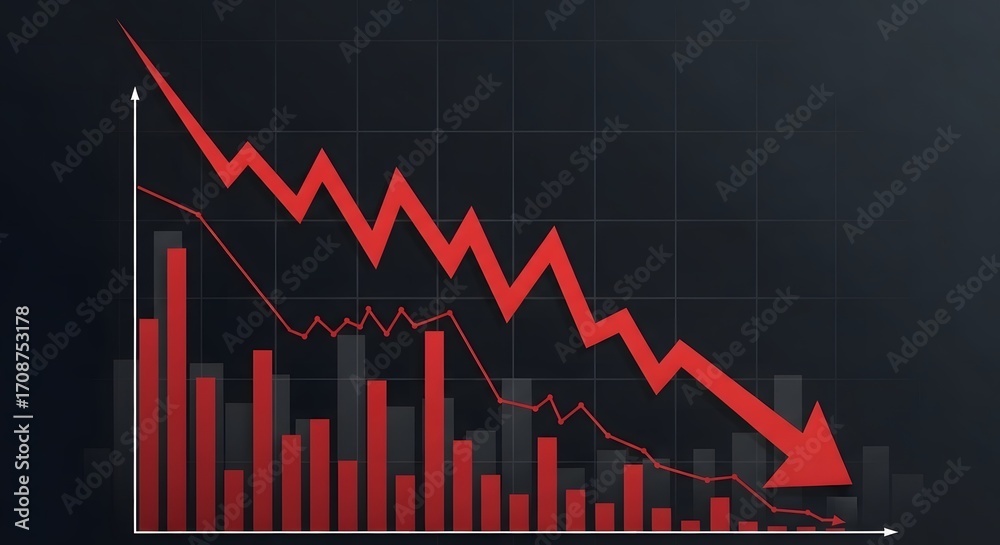 Naklejka premium Concept of economic recession and financial crisis illustrated by a declining red bar chart and downward arrow on a dark background.
