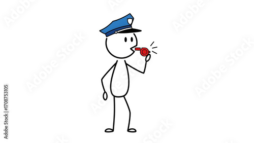 Stick figure police officer blowing a whistle on white background.