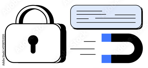 Locked padlock, document, and magnet with flowing lines signifying security, data transfer, encryption. Ideal for technology, cybersecurity, privacy, encryption safety data management secure