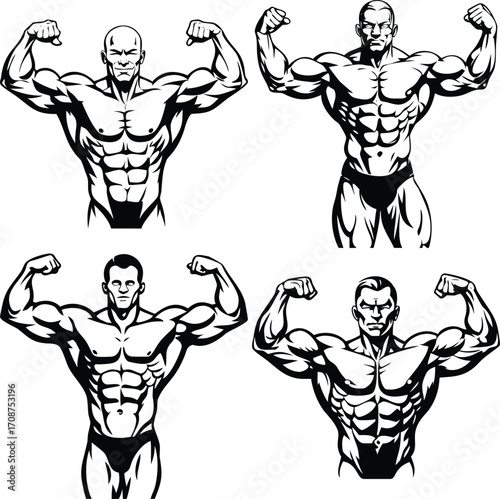 Illustration of a muscular arm flexing in a black and white style graphic art. Vector illustration