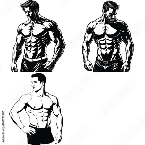 Illustration of a muscular arm flexing in a black and white style graphic art. Vector illustration