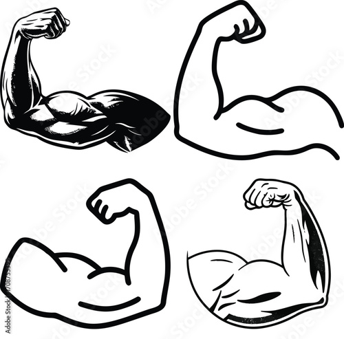 Illustration of a muscular arm flexing in a black and white style graphic art. Vector illustration