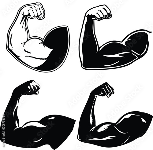 Illustration of a muscular arm flexing in a black and white style graphic art. Vector illustration