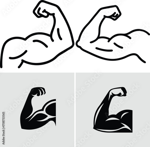 Illustration of a muscular arm flexing in a black and white style graphic art. Vector illustration