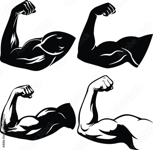 Illustration of a muscular arm flexing in a black and white style graphic art. Vector illustration