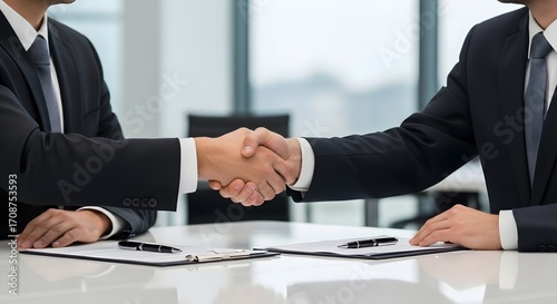 Two professional businessmen in formal suits shaking hands over a desk with signed documents, symbolizing a successful corporate deal and partnership agreement.