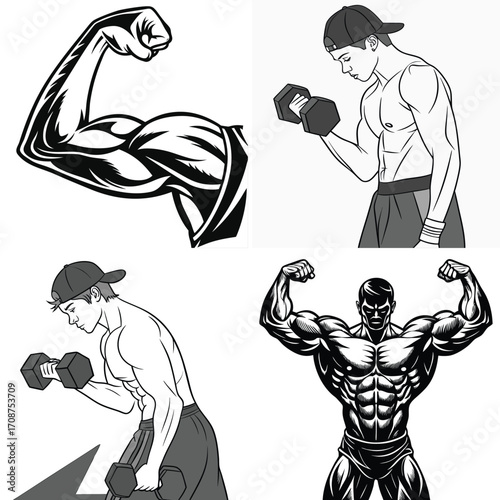 Illustration of a muscular arm flexing in a black and white style graphic art. Vector illustration