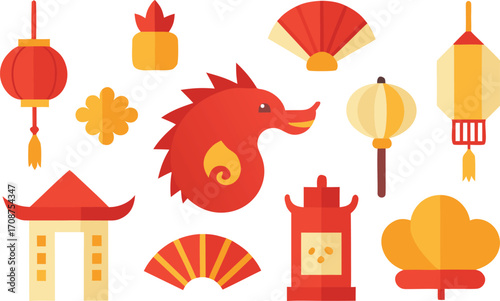 Vibrant chinese festival icons collection lanterns dragons fans pagodas vector illustration
