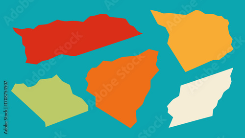 Colorful vector illustrations of continents and countries, including Europe, Africa, and South America, with flags and 3D shapes