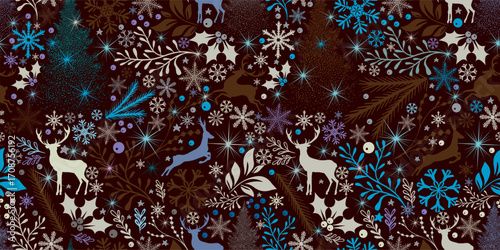 Christmas background seamless brown blue. Deer and snowflakes pattern. Not AI. Vector illustration