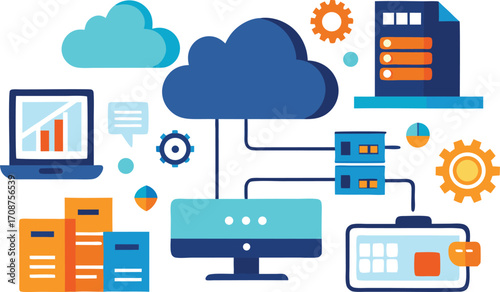 Cloud computing server data storage network technology vector illustration