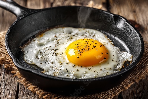 Delicious fried egg in cast iron skillet with rustic wood background for breakfast