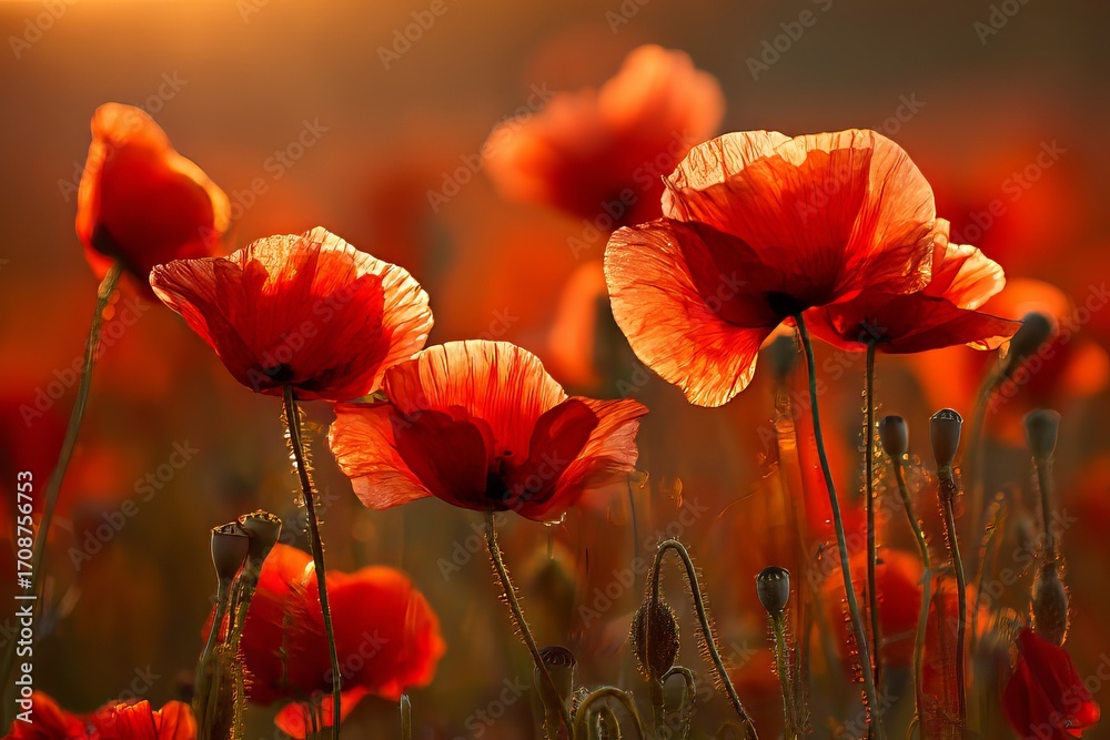 Fototapeta premium Vibrant red poppies blooming in warm sunset light, perfect for spring and summer designs