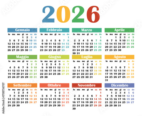 Colorful calendar in Italian for 2026