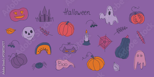 A collection of hand-drawn Halloween images in a bright, flat cartoon format with elements of sloppiness and added grainy texture