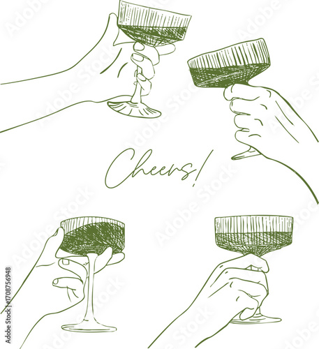 Cheers or drinking toast drawing. Wine glass with hand. Birthday party or bachelorette celebration line illustration. Wine, champagne, prosecco, martini, sangria vector doodle illustration.