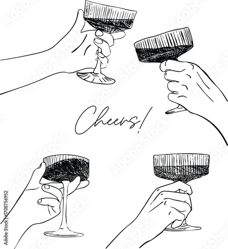 Cheers or drinking toast drawing. Wine glass with hand. Birthday party or bachelorette celebration line illustration. Wine, champagne, prosecco, martini, sangria vector doodle illustration.