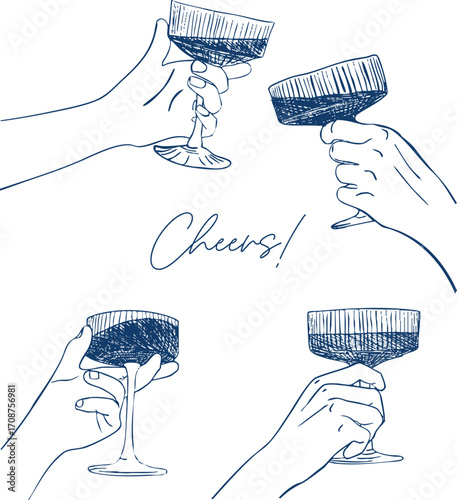 Cheers or drinking toast drawing. Wine glass with hand. Birthday party or bachelorette celebration line illustration. Wine, champagne, prosecco, martini, sangria vector doodle illustration.