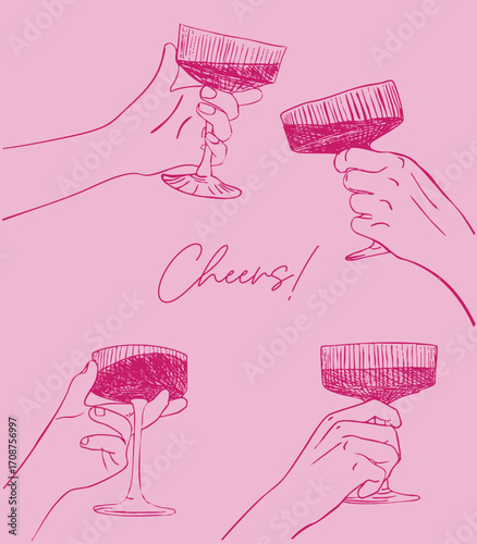 Cheers or drinking toast drawing. Wine glass with hand. Birthday party or bachelorette celebration line illustration. Wine, champagne, prosecco, martini, sangria vector doodle illustration.