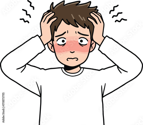 Boy feeling stressed, holding his head, emotional distress, anxiety, worry, frustration, negative emotions, vector illustration, mental health, psychological distress