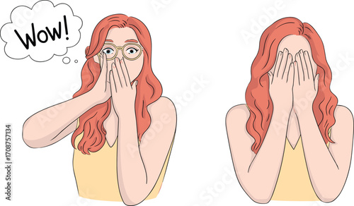 Girl showing surprise and shock emotions, covering her face in disbelief, "Wow!" expression, vector illustration, emotional reaction, surprised face, shock concept