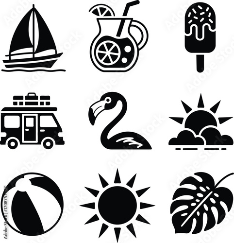 Collection of summer themed icons including a sailboat drink flamingo and beach ball in black and white silhouette
