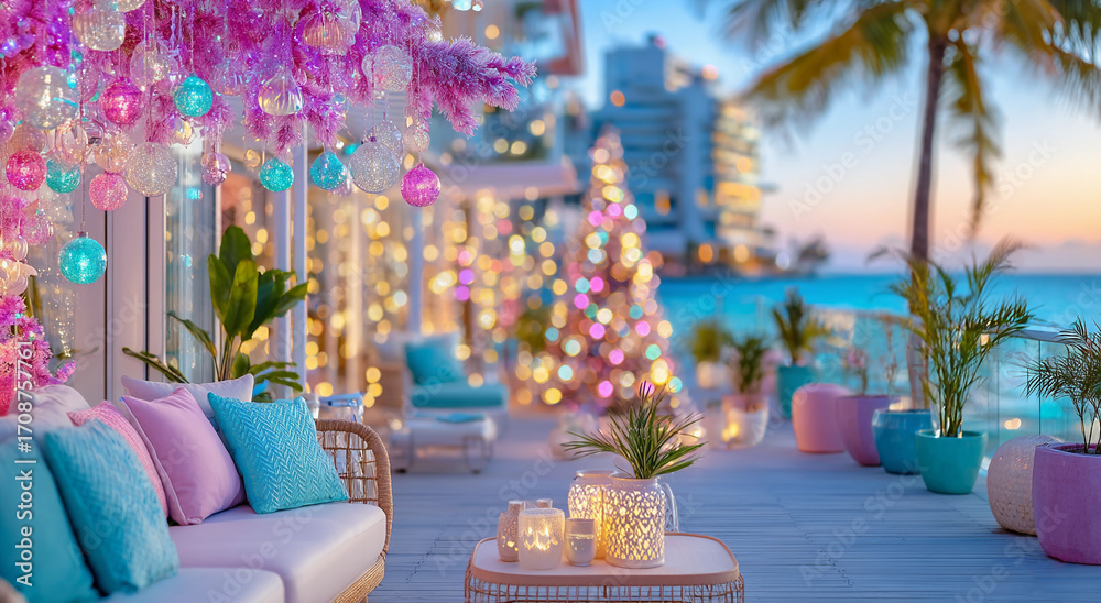 Fototapeta premium Christmas interior background with glowing lights