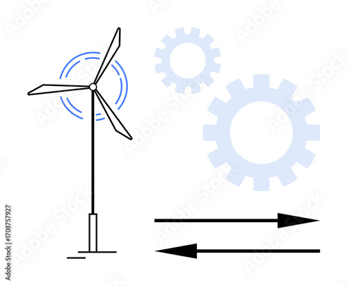 Wind turbine converting wind power into energy, surrounded by cogwheels and arrows indicating motion. Ideal for sustainability, renewable energy, engineering, innovation, industry, efficiency, green