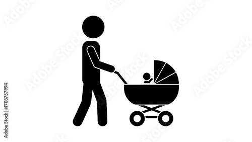 Stick figure of a person pushing a baby stroller.