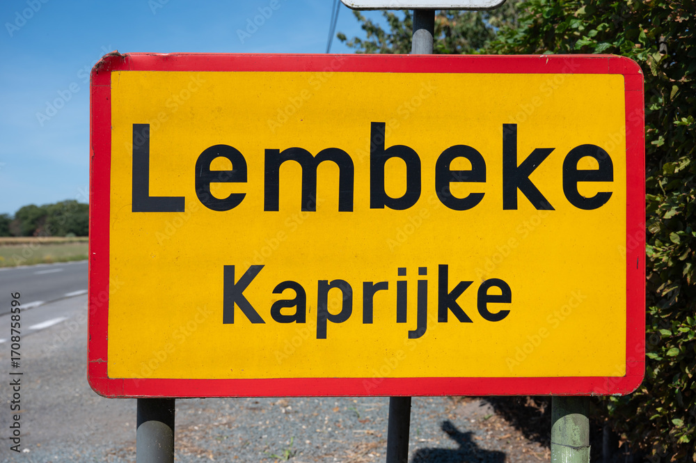 Obraz premium Road sign of the village of Lembeke, part of Kaprijke, East Flanders, Belgium