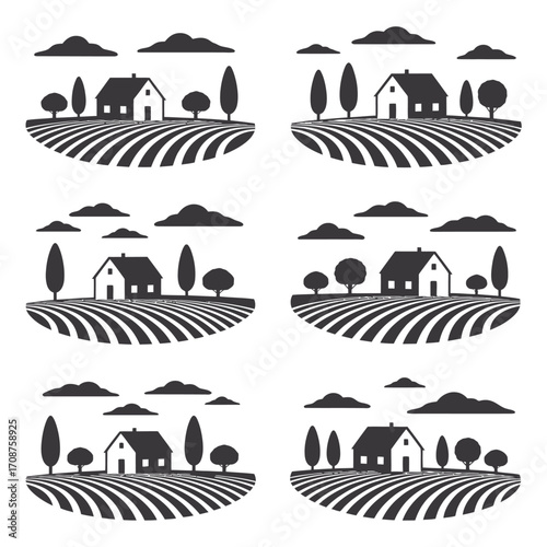 A collection of black and white vector illustrations depicting rural farm landscapes with houses, trees, and rolling cultivated fields