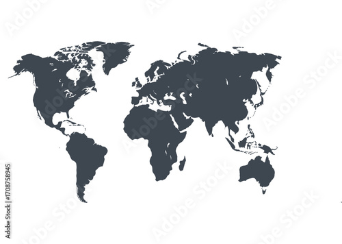 Detailed vector illustration of a world map silhouette on an isolated white background. Global geography concept for travel and business presentations