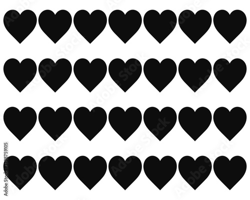 A minimalist graphic illustration of multiple solid black heart shapes arranged in a symmetrical grid pattern, isolated on a white background