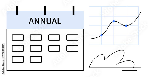 Annual wall calendar beside a growth line chart with highlighted points and abstract shape. Ideal for scheduling, progress tracking, business growth, timeline management, annual goals, planning