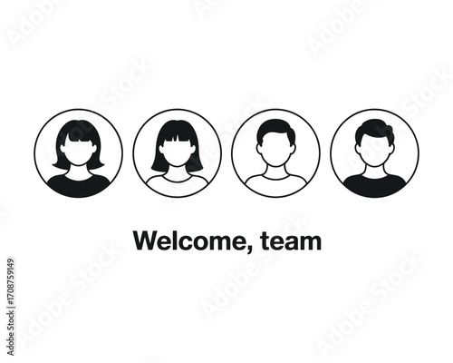 Minimalist vector icons of a new project team, illustrating a fast-paced start and collaborative business dynamic