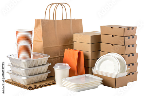 Eco-friendly food packaging assortment with kraft paper bags, takeout boxes, and biodegradable containers for restaurant delivery services